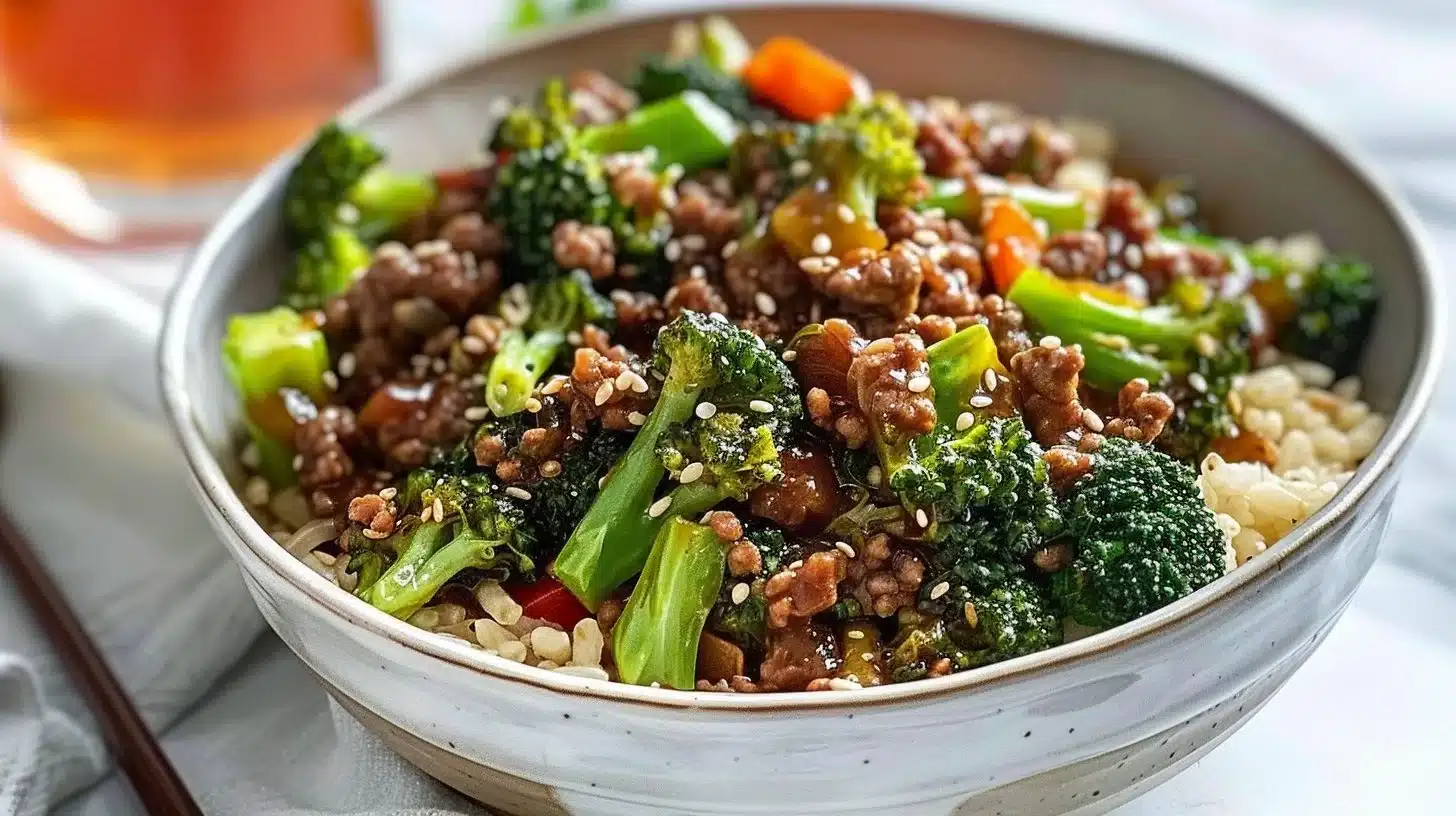 Delicious ground beef and broccoli stir-fry served on a plate