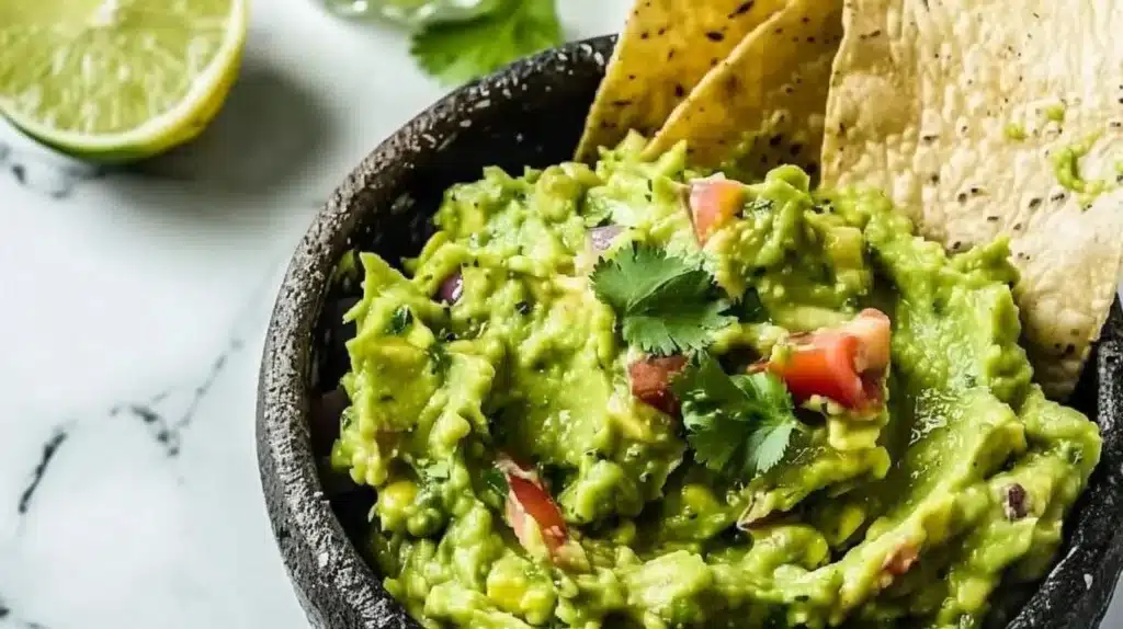 Bowl of fresh guacamole with lime and tortilla chips on a wooden table