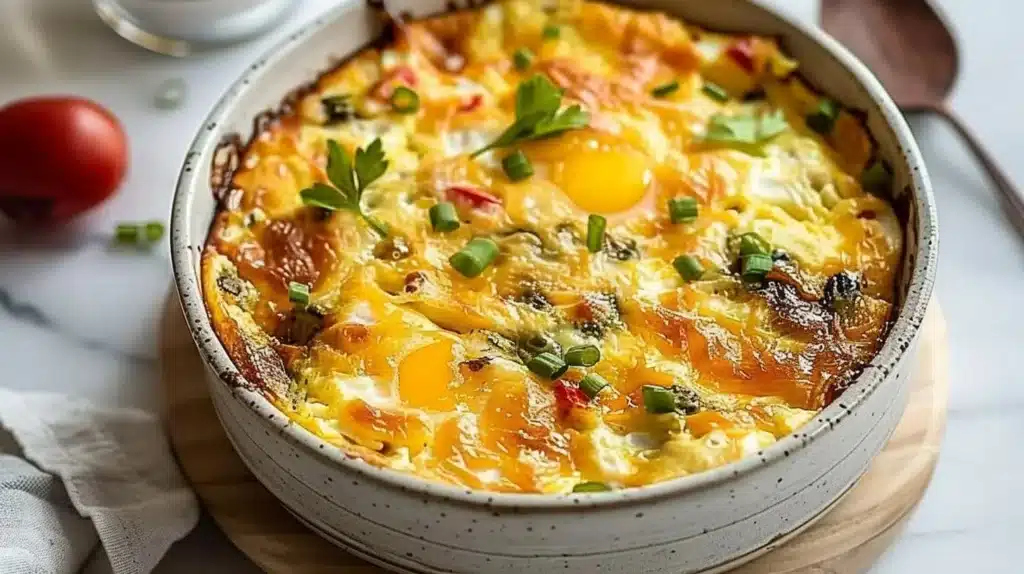 Healthy cottage cheese egg bake with vegetables and herbs in a baking dish