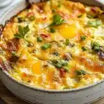 Healthy cottage cheese egg bake with vegetables and herbs in a baking dish