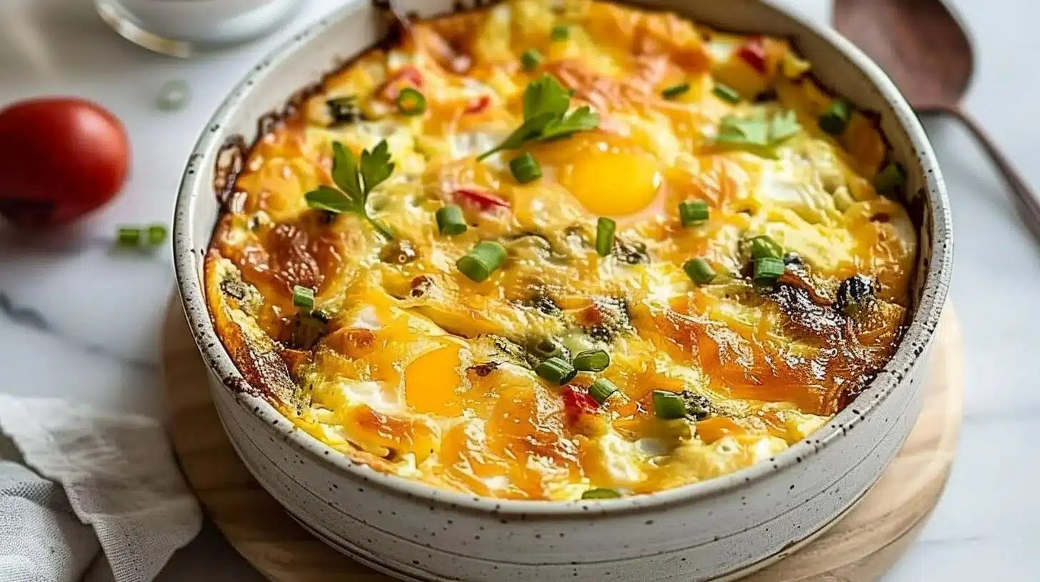 Healthy cottage cheese egg bake with vegetables and herbs in a baking dish