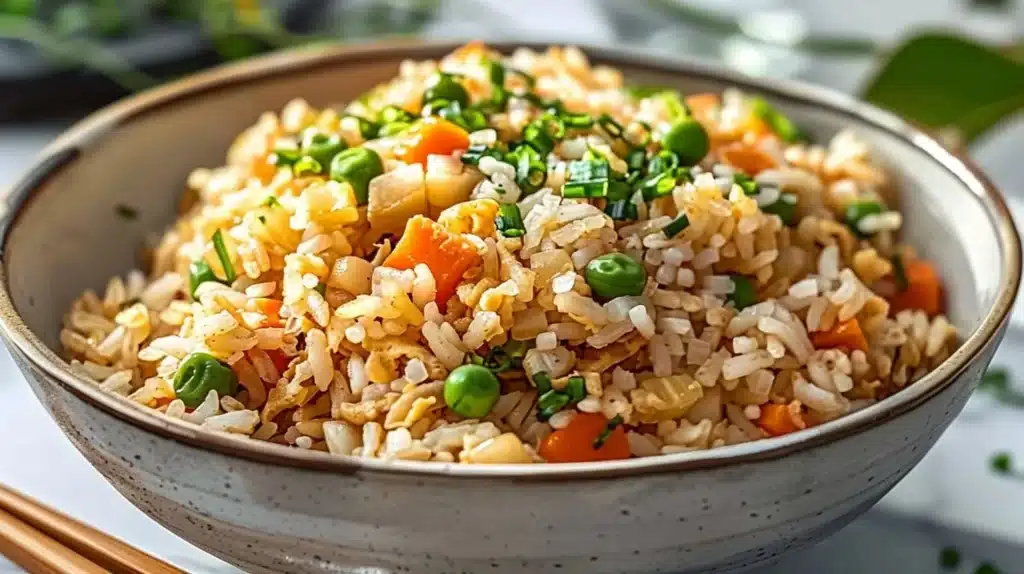 Hibachi inspired fried rice served in a bowl with vegetables and egg