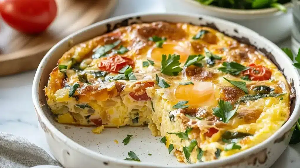 High protein egg bake with vegetables and cheese in a baking dish