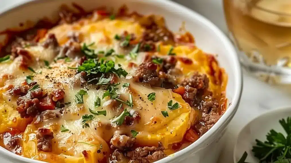Delicious Hobo Casserole dish with meat and vegetables ready to serve.