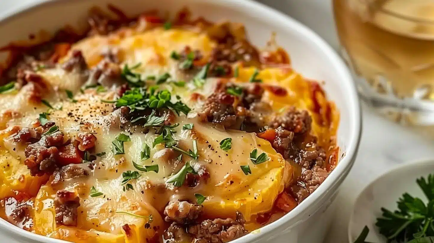 Delicious Hobo Casserole dish with meat and vegetables ready to serve.