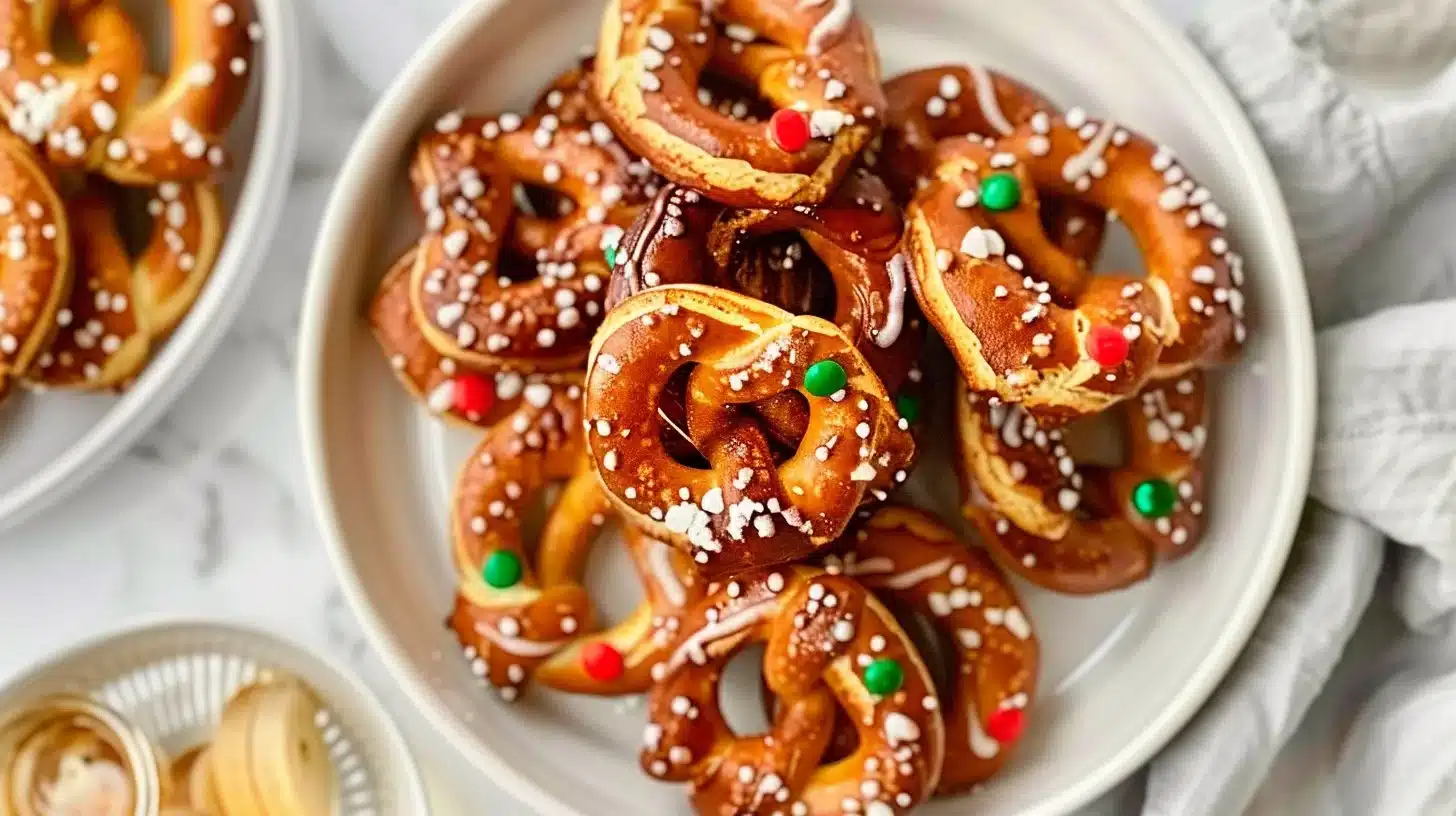A plate of decorated holiday pretzel treats for festive celebrations