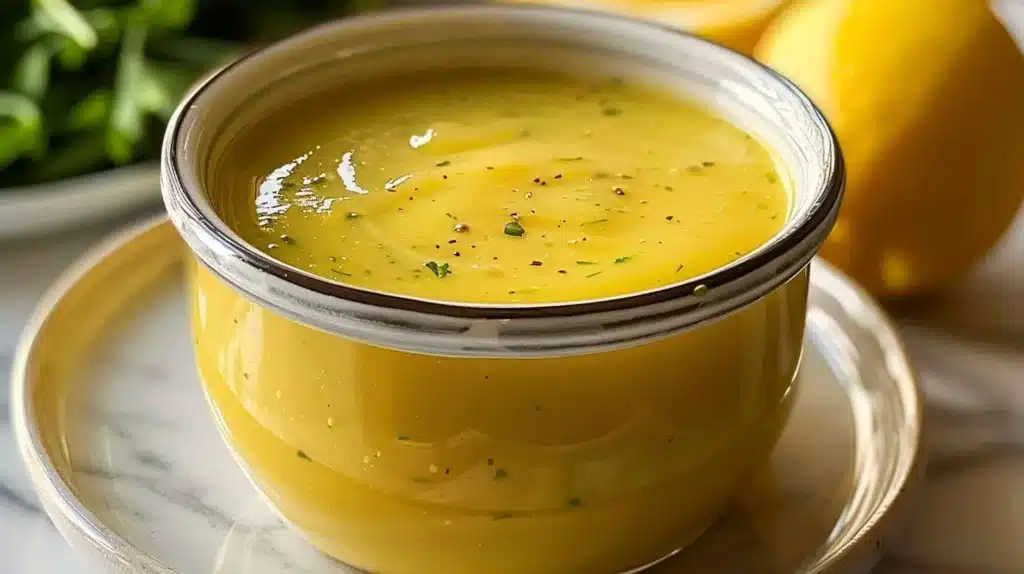 Honey Lemon Vinaigrette salad dressing in a glass jar with fresh ingredients