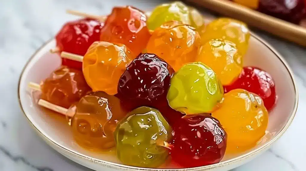 Homemade tanghulu, traditional Chinese candied fruit on skewers.