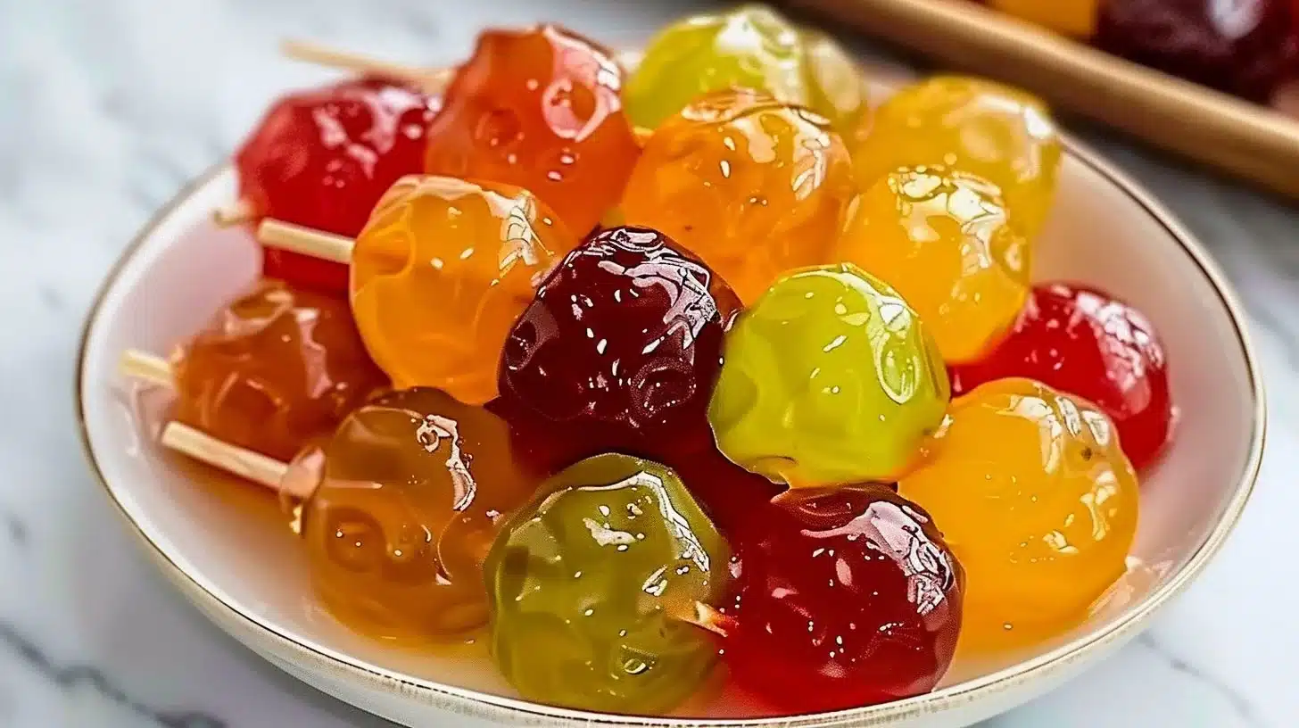 Homemade tanghulu, traditional Chinese candied fruit on skewers.