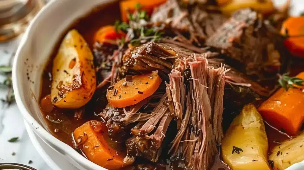 Instant Pot pot roast served with vegetables on a plate
