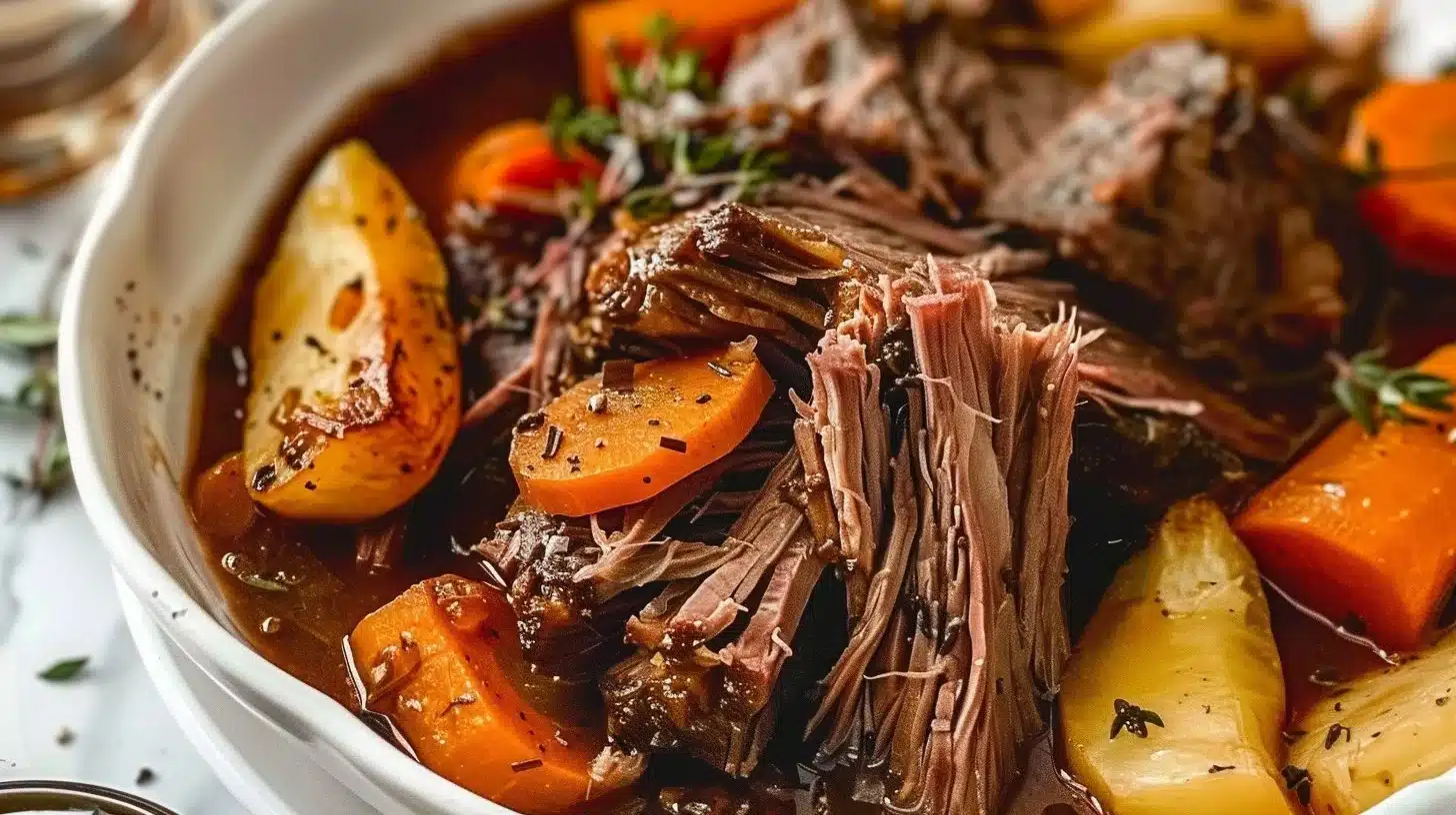 Instant Pot pot roast served with vegetables on a plate