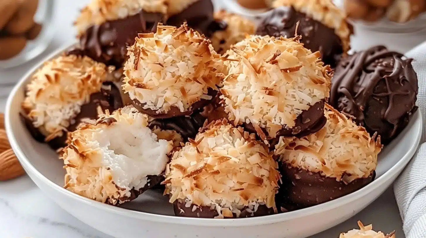 Delicious chocolate coconut macaroons on a white plate