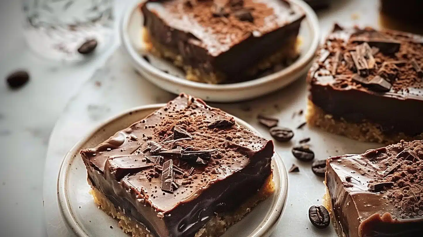 Delicious Chocolate Espresso Tart squares on a plate with coffee beans