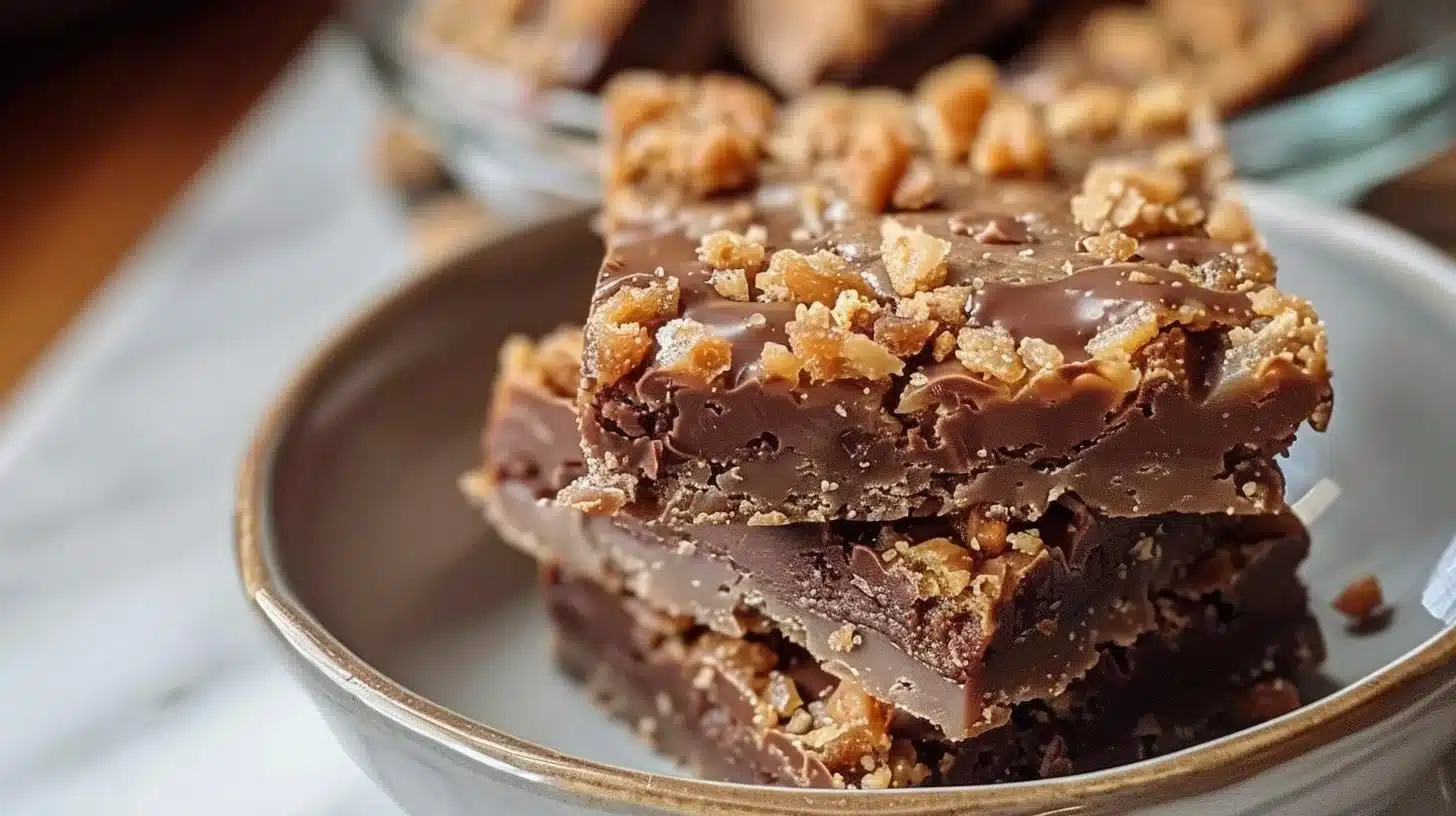 Delicious homemade chocolate toffee crunch bars topped with crispy bits.