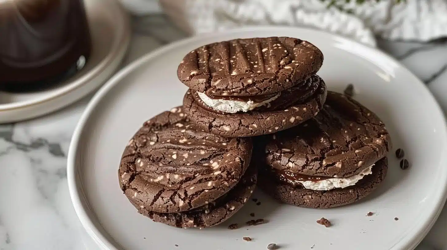 Irresistible double chocolate cookie sandwiches stacked on a plate