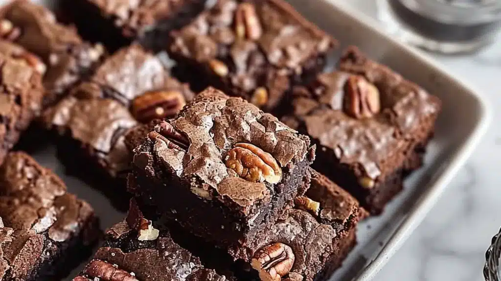 Delicious mini chocolate pecan brownies topped with pecans on a white plate.