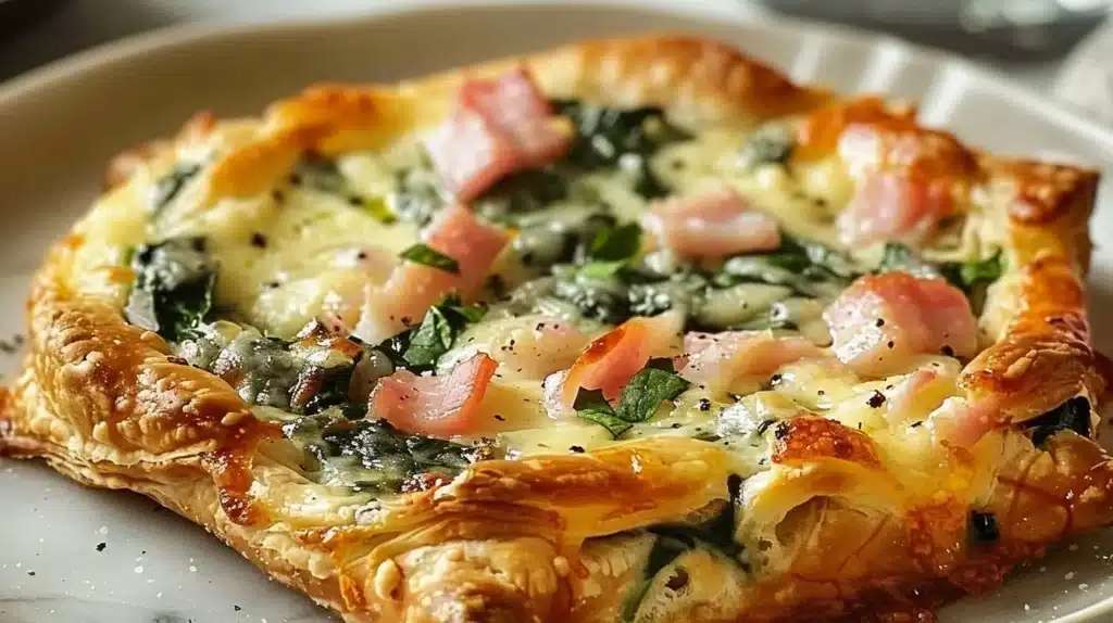 Cheesy spinach puff with ham, freshly baked and irresistible