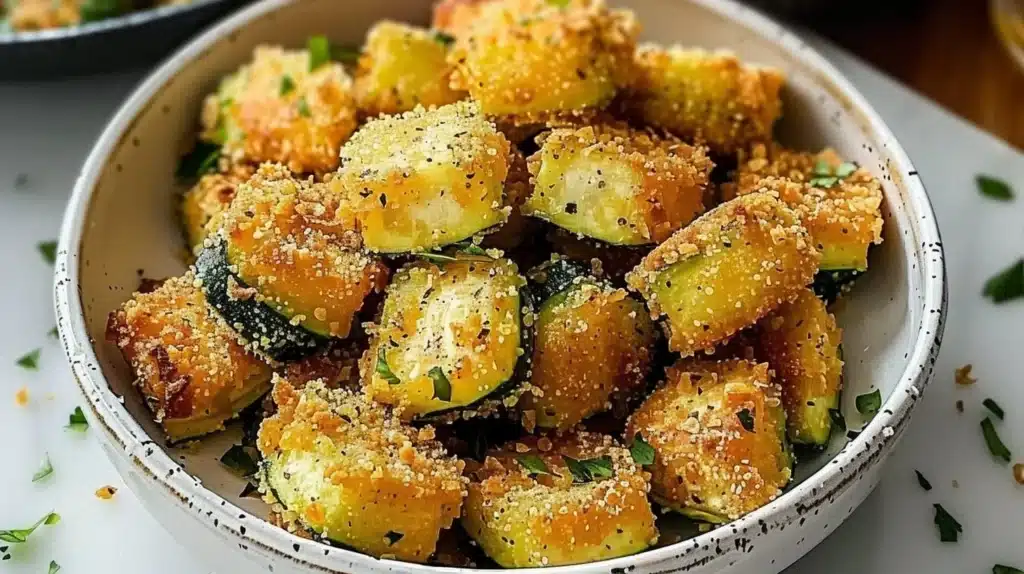 Crispy Parmesan Zucchini Bites served on a plate with dipping sauce.