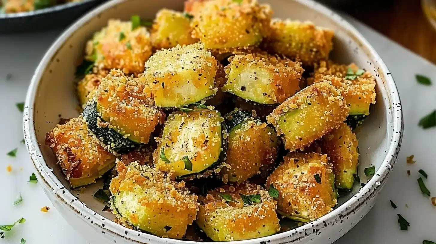 Crispy Parmesan Zucchini Bites served on a plate with dipping sauce.