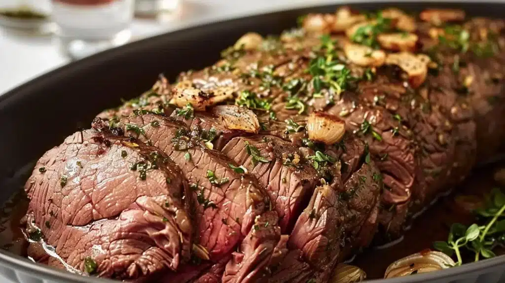 Juicy garlic herb roasted beef on a serving platter garnished with herbs