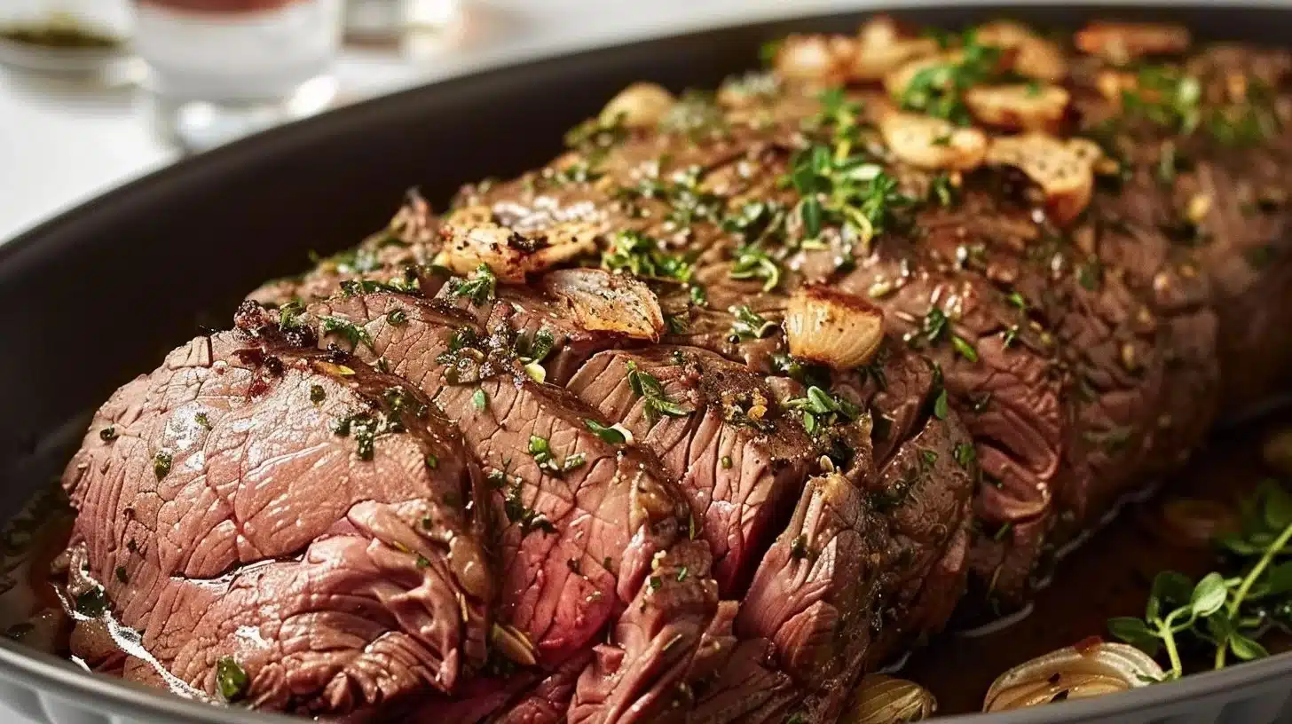 Juicy garlic herb roasted beef on a serving platter garnished with herbs
