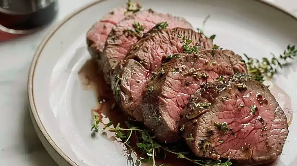 Juicy herb roasted beef tenderloin ready to impress guests at a dinner party