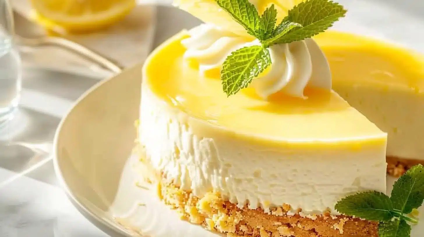 Delicious lemon cheesecake dessert topped with fresh lemon slices