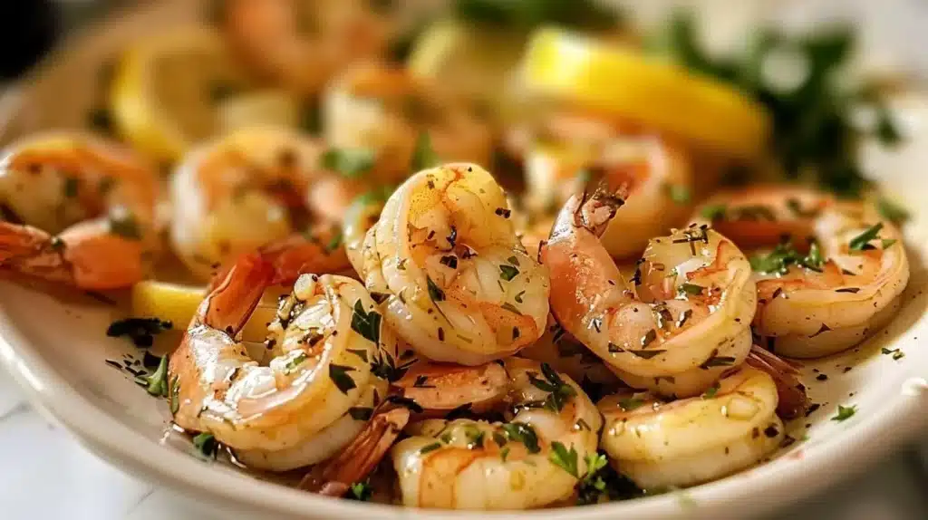 Plate of Lemon Garlic Herb Shrimp garnished with fresh herbs and lemon.