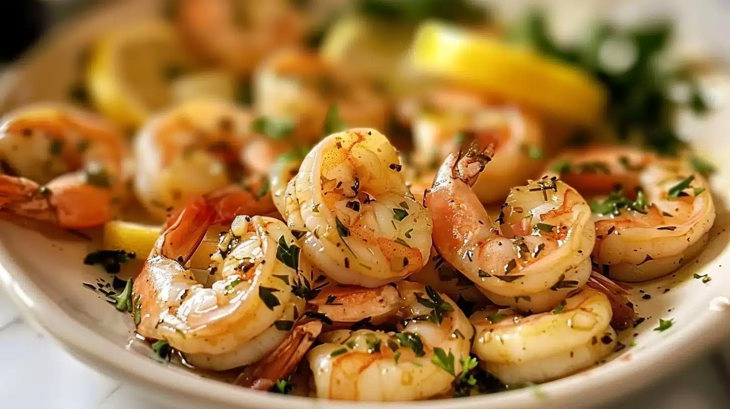 Plate of Lemon Garlic Herb Shrimp garnished with fresh herbs and lemon.