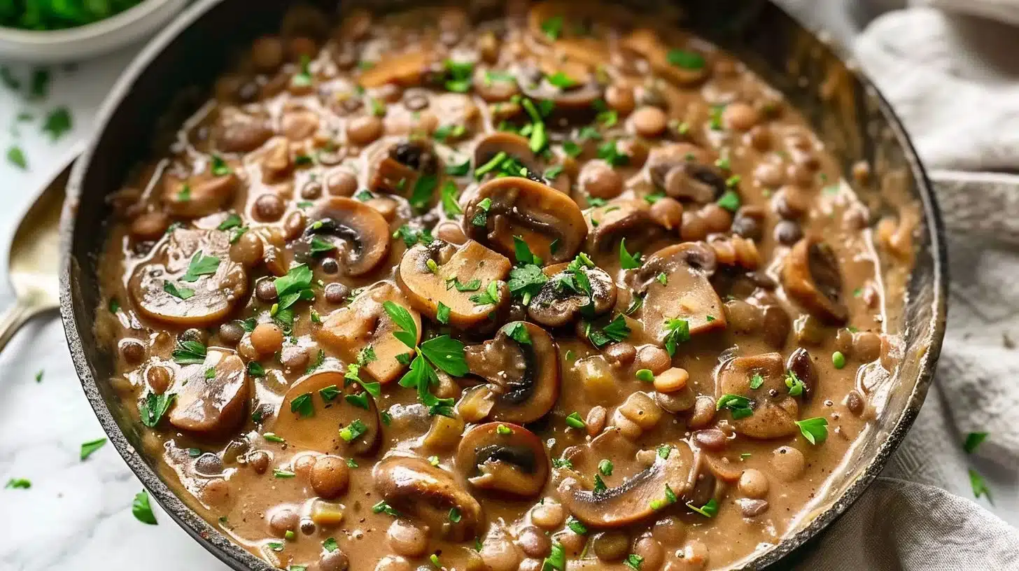 Delicious bowl of Lentil Mushroom Stroganoff garnished with fresh herbs