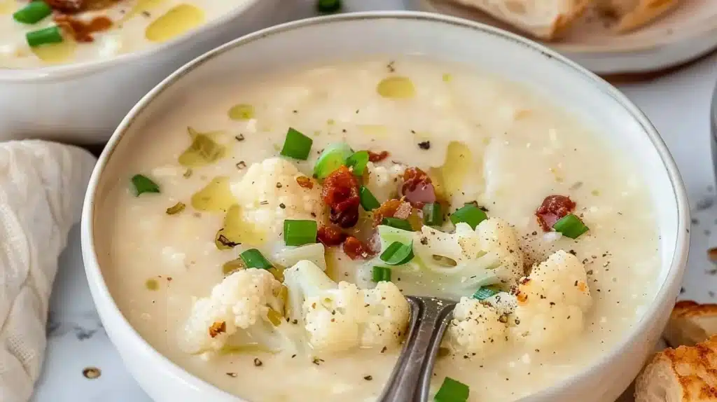 Bowl of loaded cauliflower soup topped with cheese and herbs