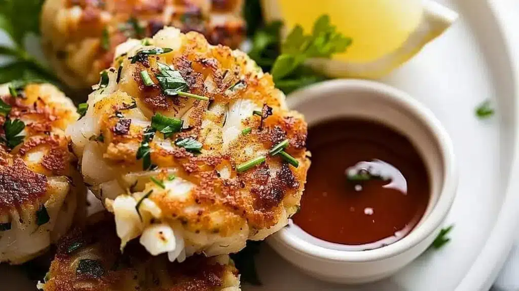 Delicious Maryland crab cakes served with lemon and tartar sauce.