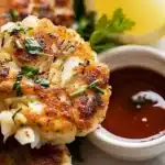 Delicious Maryland crab cakes served with lemon and tartar sauce.