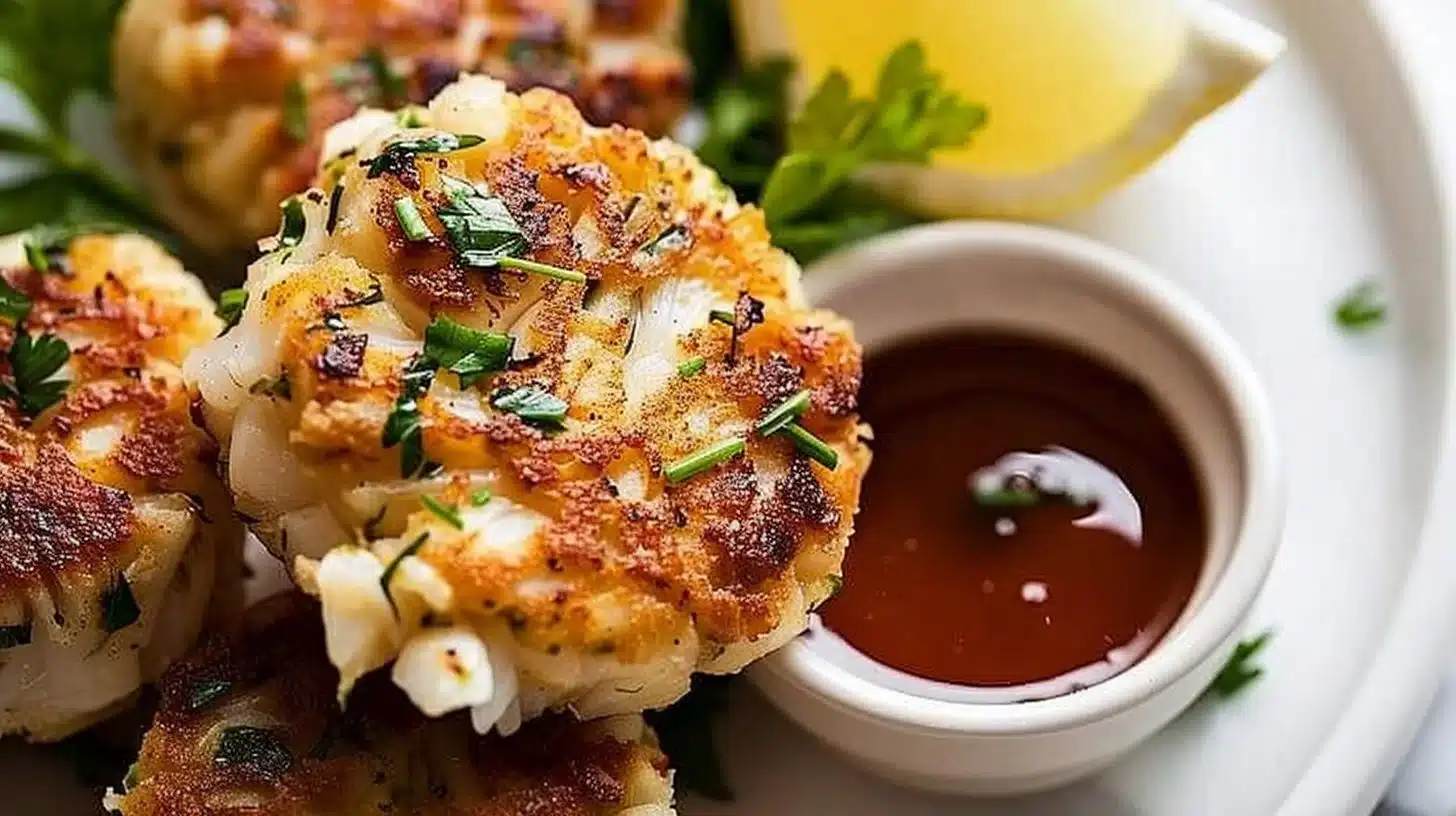 Delicious Maryland crab cakes served with lemon and tartar sauce.