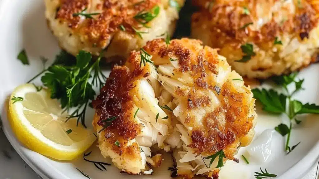 Delicious Maryland crab cakes garnished with herbs, served on a plate