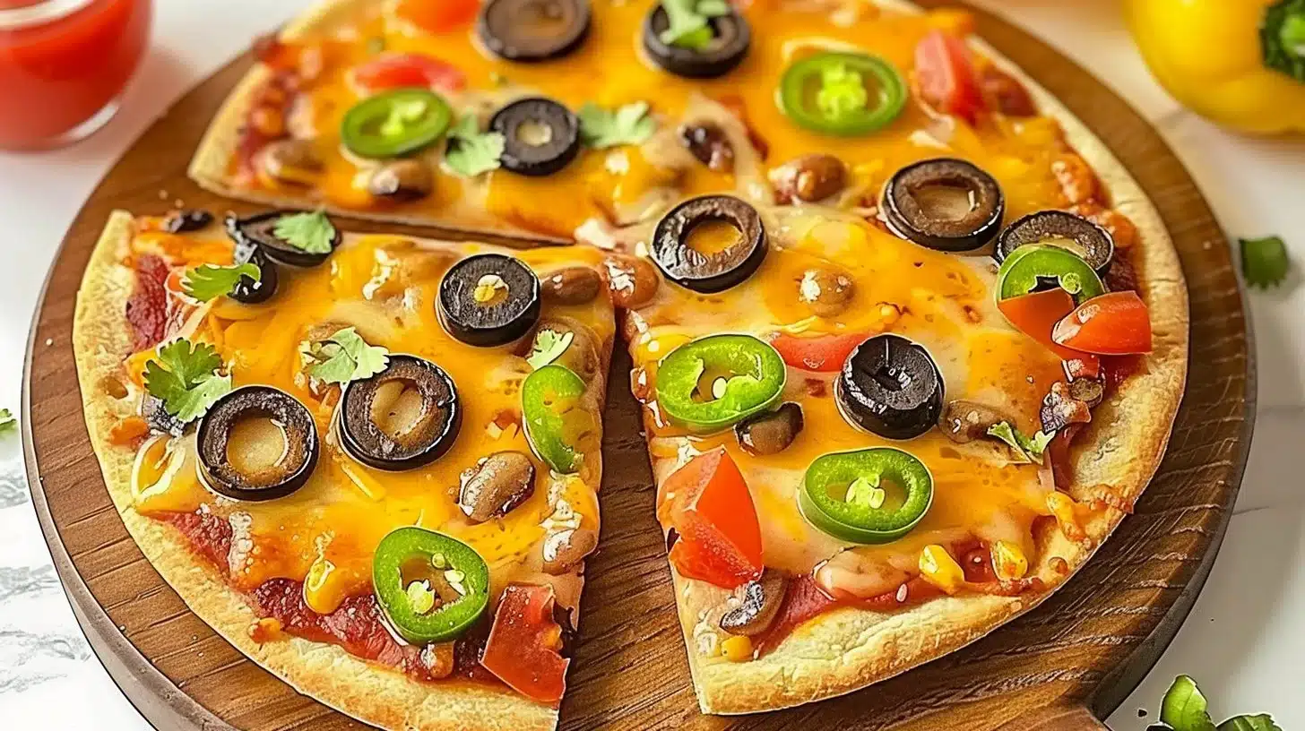 Delicious homemade Mexican pizza topped with fresh ingredients and cheese