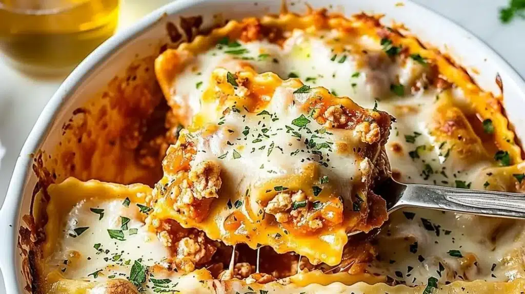 Delicious Million Dollar Ravioli Casserole topped with melted cheese and herbs