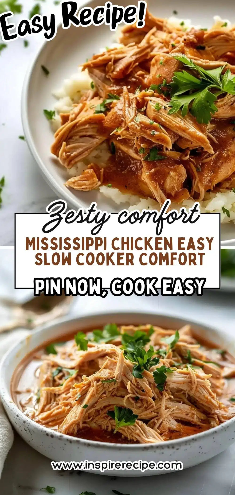 Slow cooker Mississippi Chicken served with rice and vegetables
