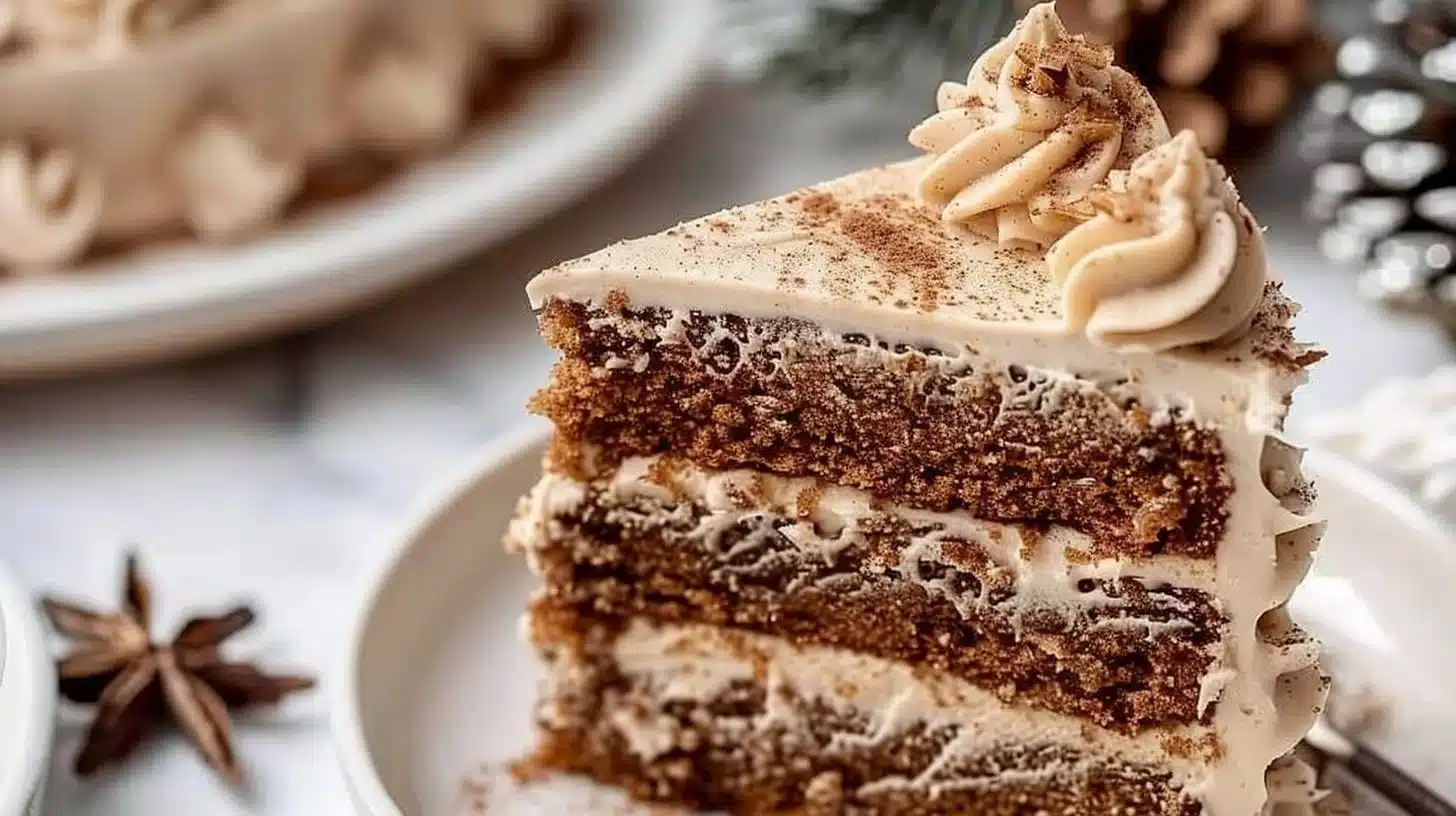 Moist Christmas spice cake layered with eggnog buttercream frosting
