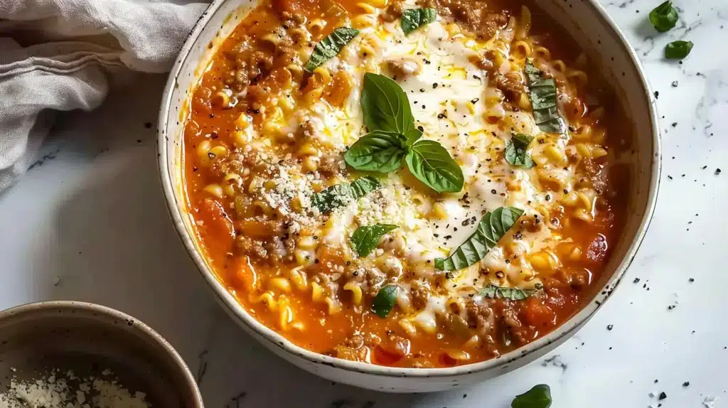 A steaming bowl of mouthwatering one pot lasagna soup garnished with herbs