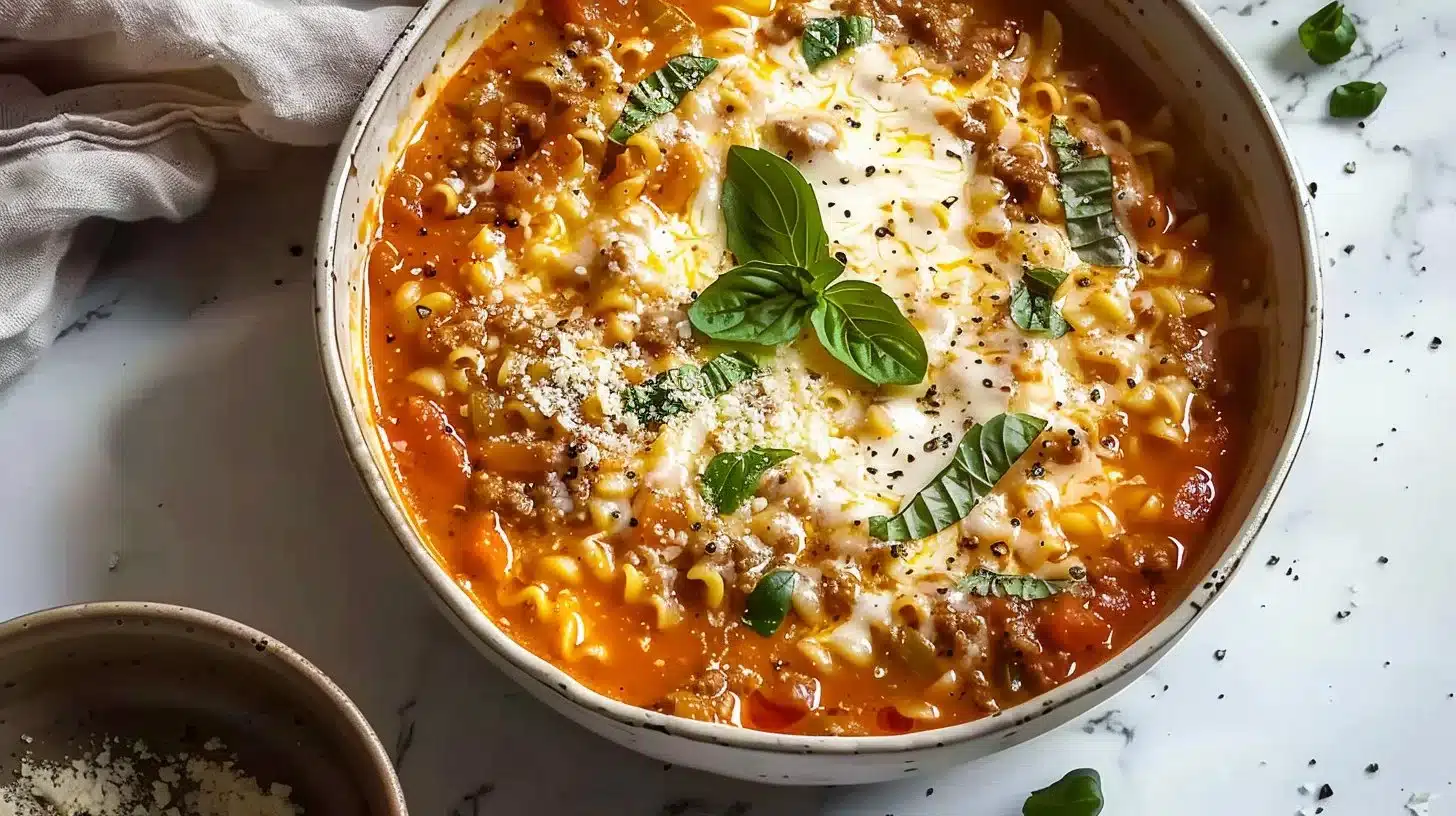 A steaming bowl of mouthwatering one pot lasagna soup garnished with herbs