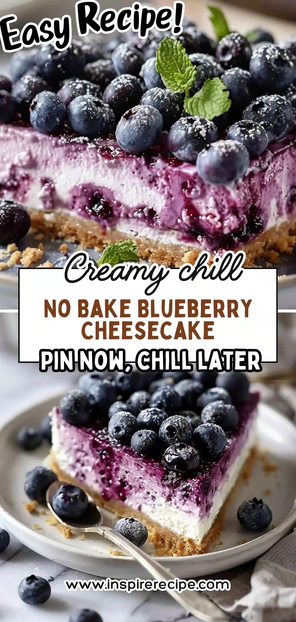 Delicious no bake blueberry cheesecake topped with fresh blueberries