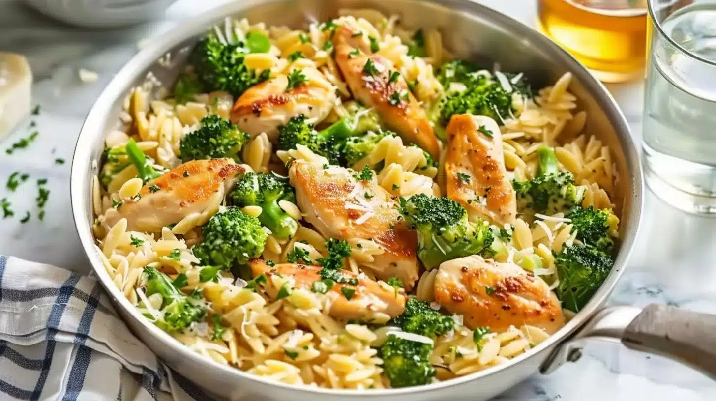One-Pan Cheesy Chicken Broccoli Orzo with creamy sauce and vibrant greens