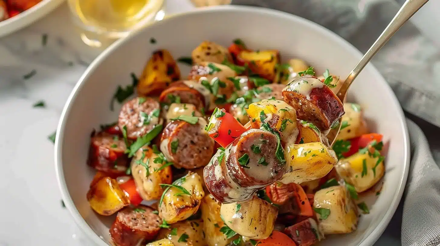 One-Pan Cheesy Ranch Sausage & Veggie Skillet with vibrant veggies and cheese