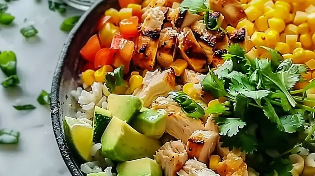 One Pan Chicken Burrito Bowl filled with vibrant ingredients