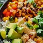 One Pan Chicken Burrito Bowl filled with vibrant ingredients
