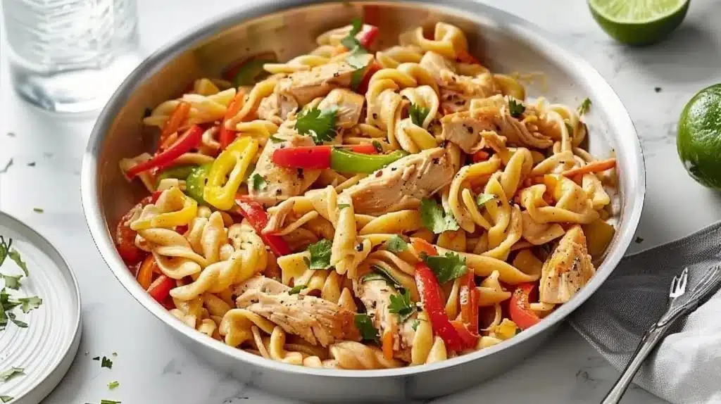 One-Pan Creamy Chicken Fajita Pasta served in a bowl with colorful veggies