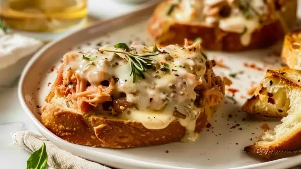 Open-faced tuna melt with creamy tuna salad and melted cheese on toast