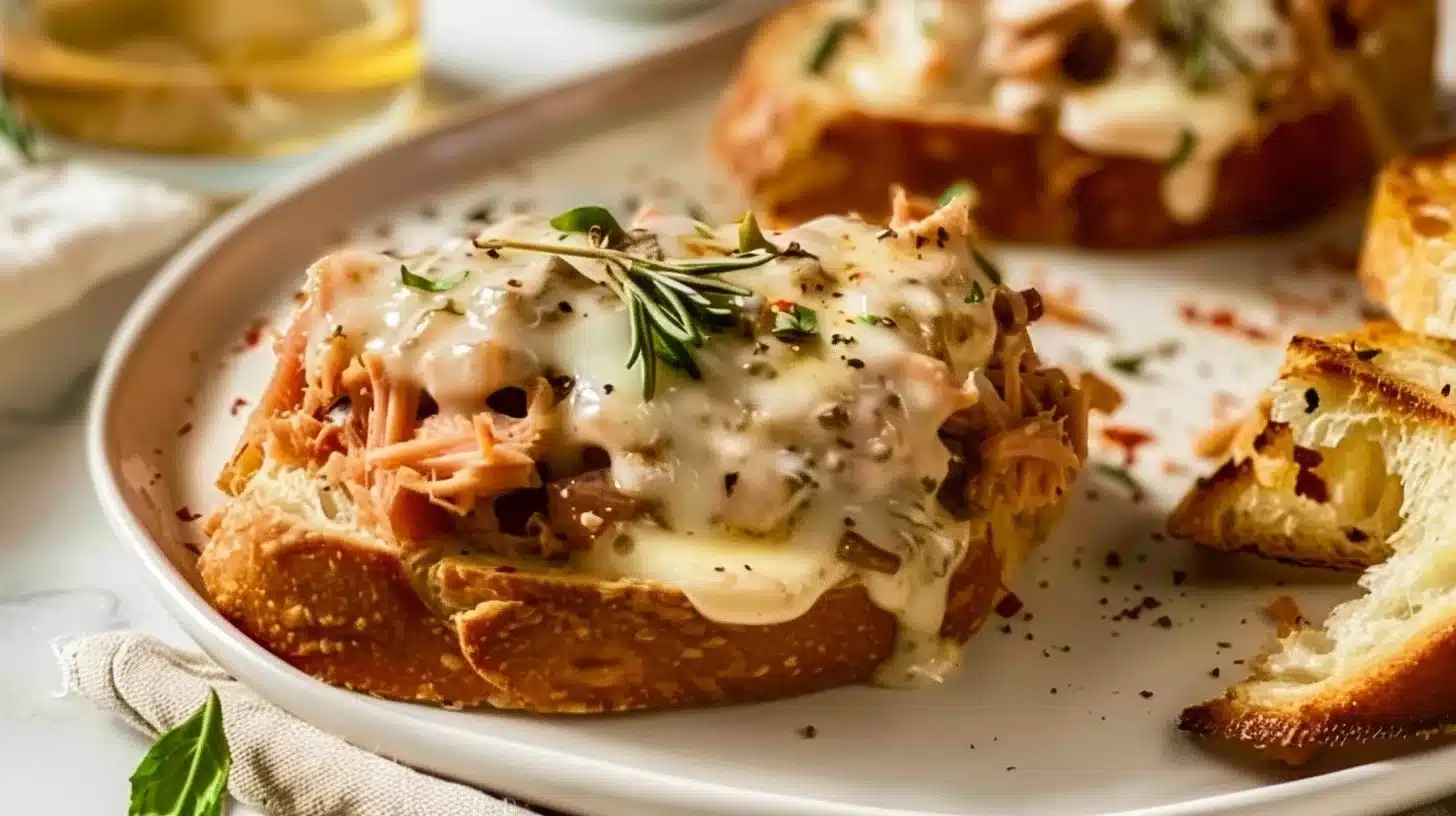 Open-faced tuna melt with creamy tuna salad and melted cheese on toast