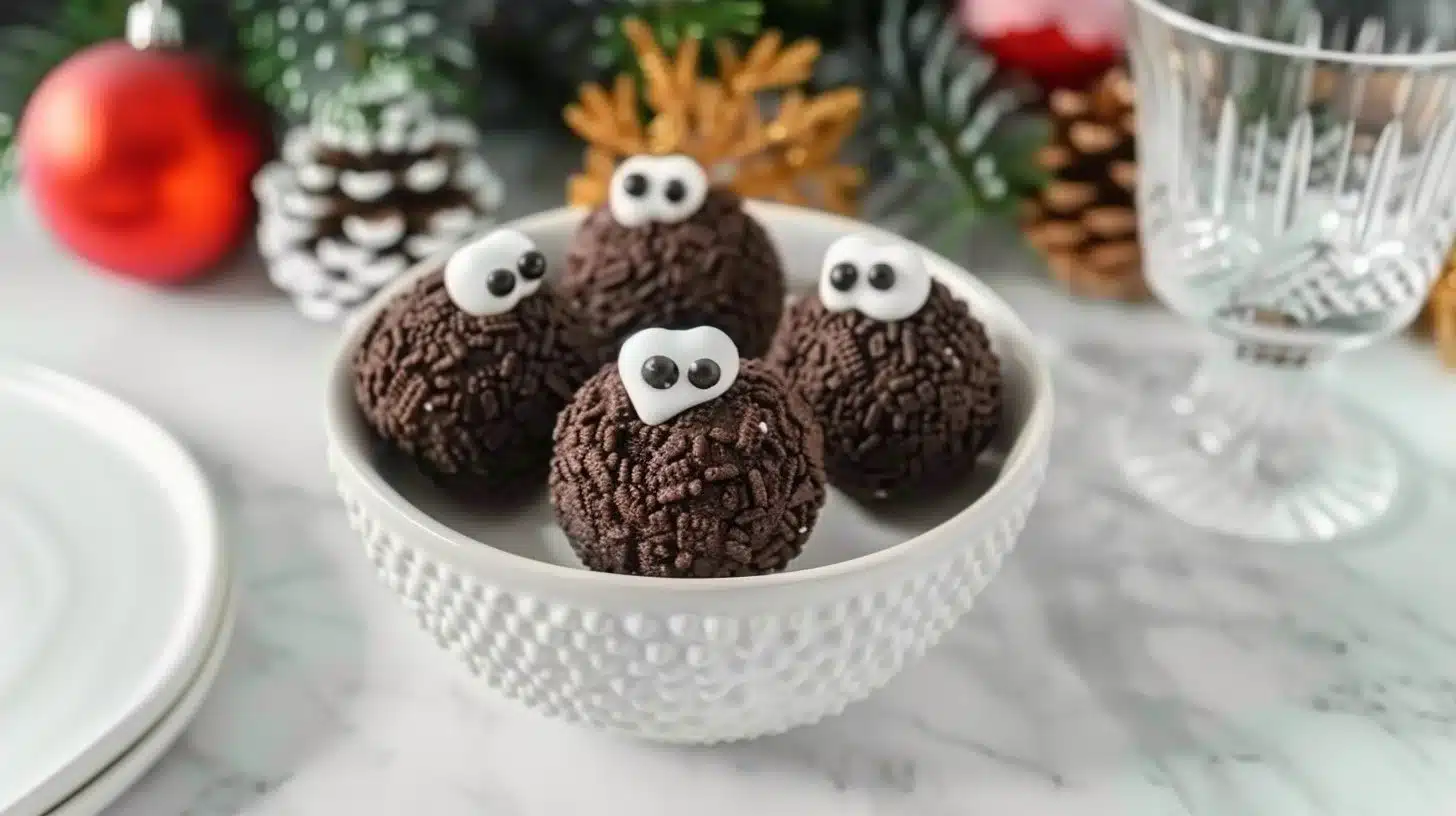 A plate of delicious Oreo Reindeer Balls decorated for the holidays
